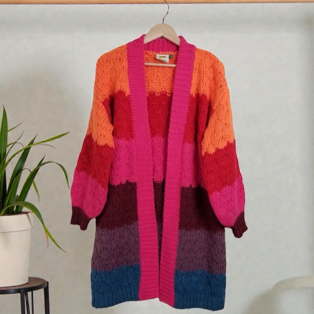FARM RIO Striped Oversized Crochet Knit Cardigan Multicolor Puffy Sleeve XS